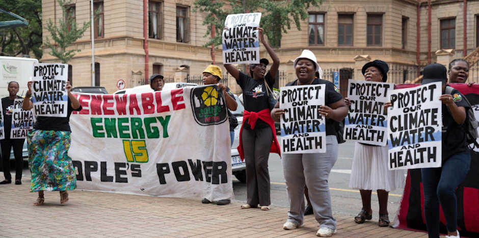 March 2, 2017.  Activists from Earthlife Africa demonstrating outside the Pretoria High Court at the start of the hearing of South Africa's first climate change lawsuit. Picture: JAMES OATWAY for CER.